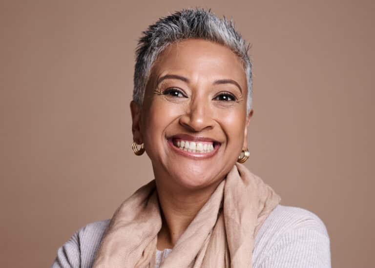 Elderly woman, face and happy smile for skincare beauty and healthcare wellness. Natural facial mak.